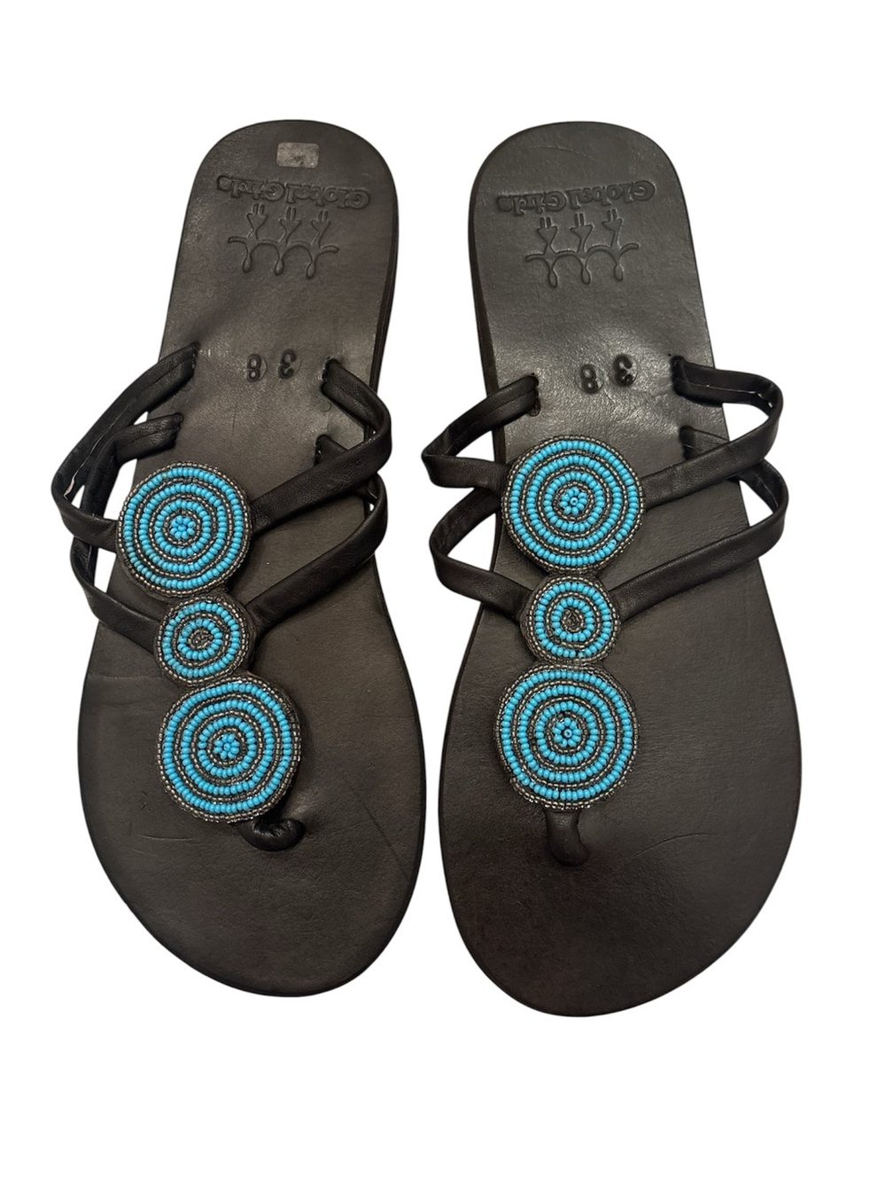 Black Beaded Toe-Post Sandals with Turquoise Accents